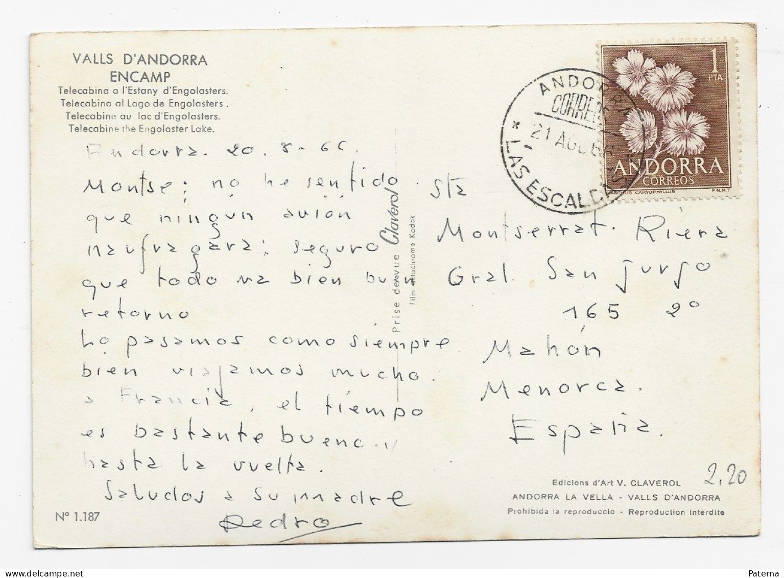 3853 Postal Andorra  1966 Las Escaldas , - Briefe U. Dokumente