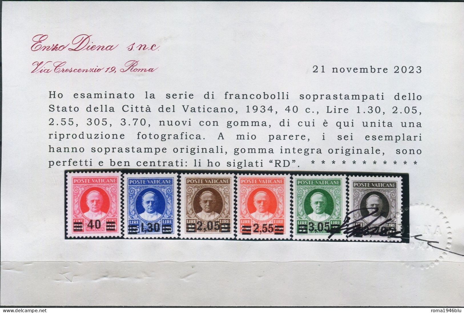 VATICANO 1934 PROVVISORIA SERIE CPL. ** MNH BEN CENTRATA C. ENZO DIENA - Neufs