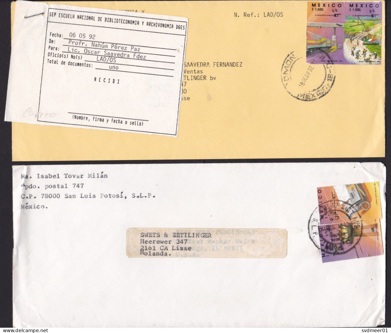Mexico: 2x Cover To Netherlands, 1992, 2 Stamps Each, Transport, Train, Bridge, Airport (minor Damage, 1x Form Attached) - Mexique