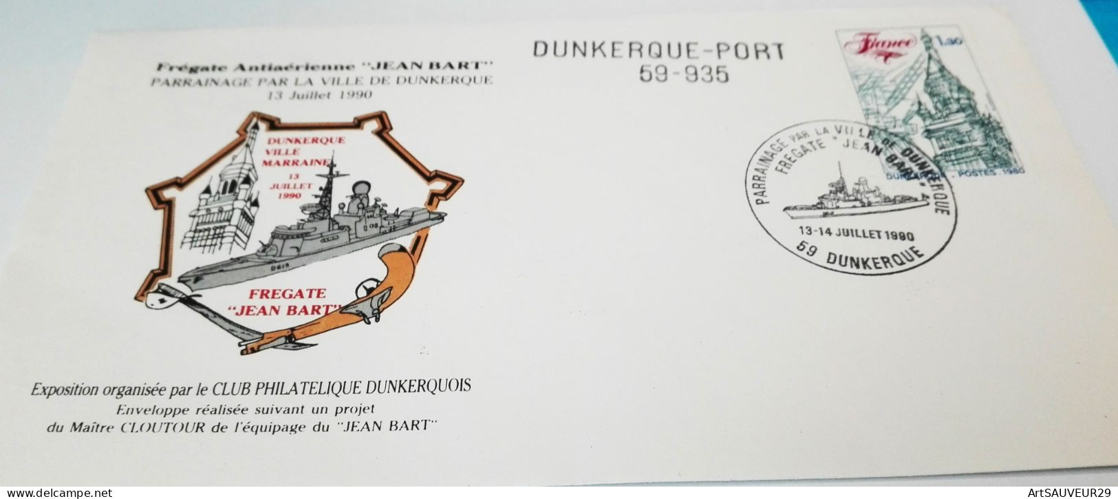 Enveloppe TIMBREE RECTO VERSO    EXPO Club Philatelique FREGATE  JEAN BART DUNKERQUE 13 JUILLET 1990 - Other (Sea)
