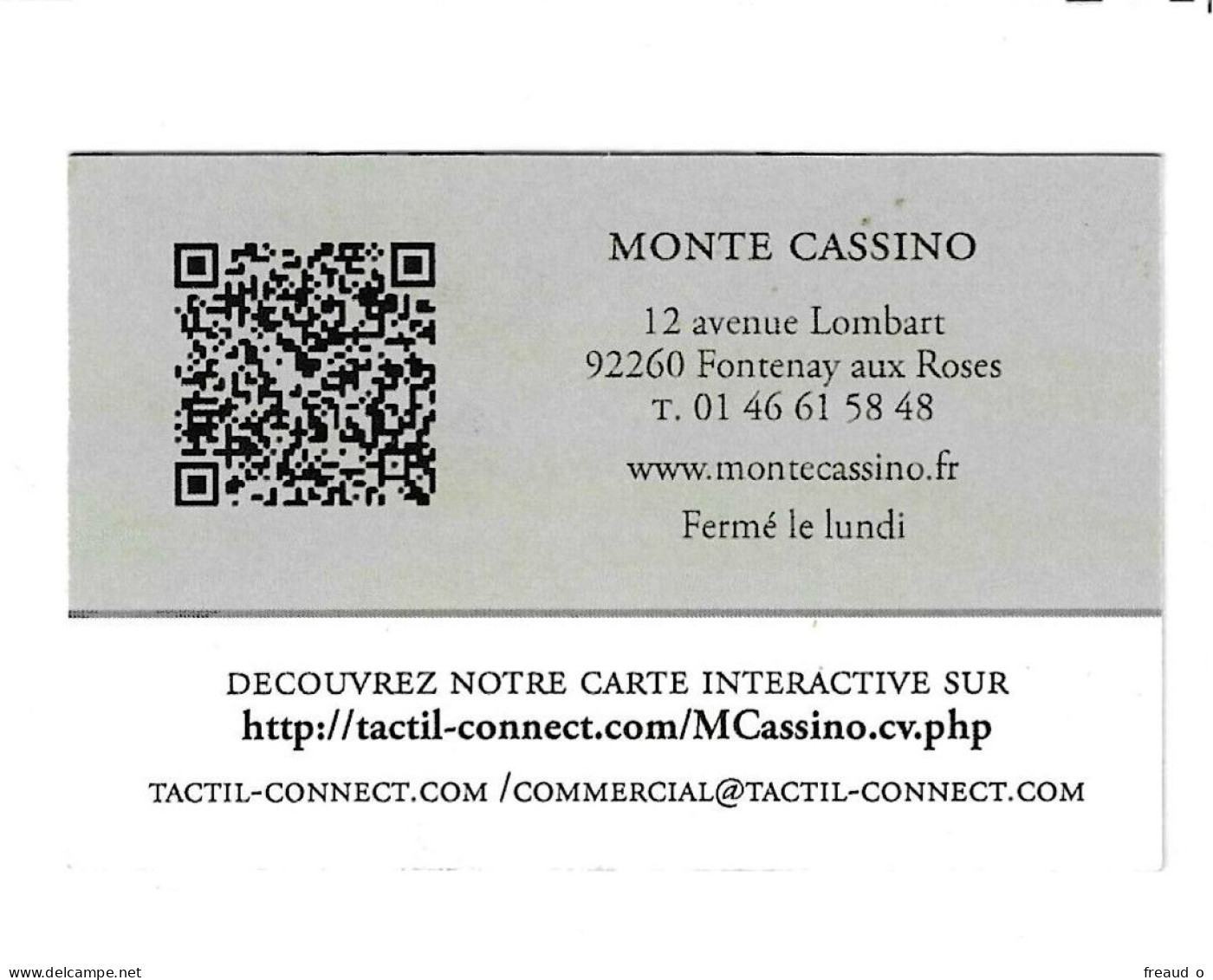 Carte De Visite RESTAURANT ITALIEN - MONTE CASSINO - 92260 Fontenay Aux Roses - - Other & Unclassified