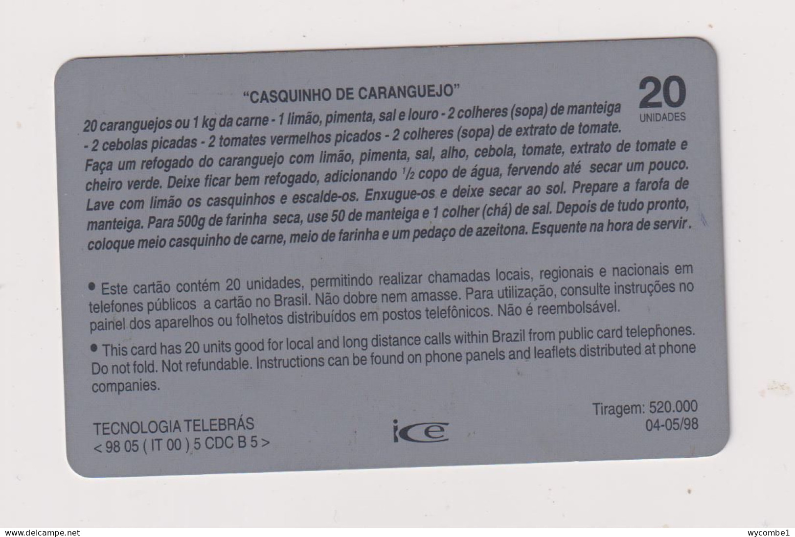 BRASIL -  Canquinho De Caranguejo Inductive  Phonecard - Brésil