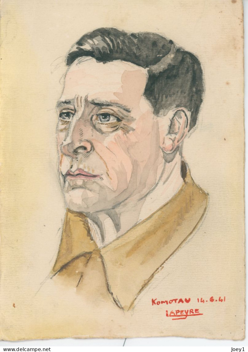 Dessin D Un Prisonnier Au Stalag De Komotau Signé Lapeyre Du 14 Juin 1941 - Aquarel