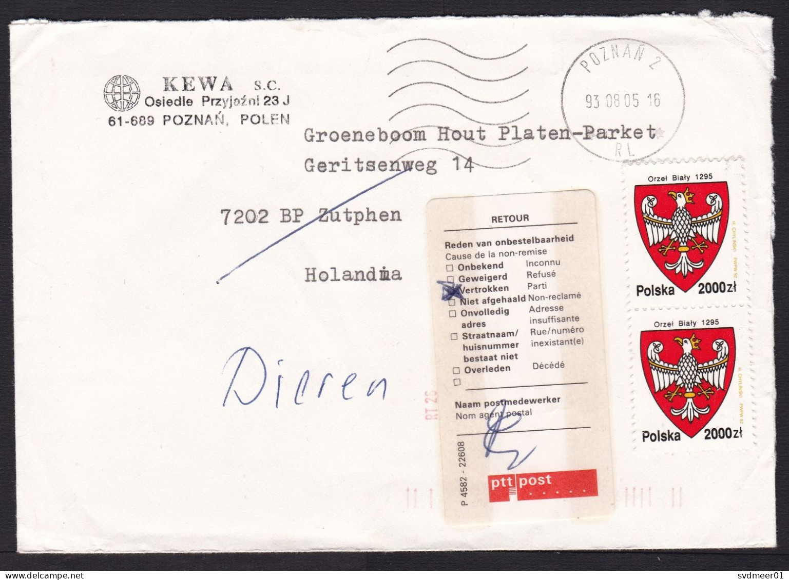 Poland: Cover To Netherlands, 1993, 2 Stamps, Heraldry, Inflation: 4000 ZL, Returned, Retour Label (minor Damage) - Briefe U. Dokumente