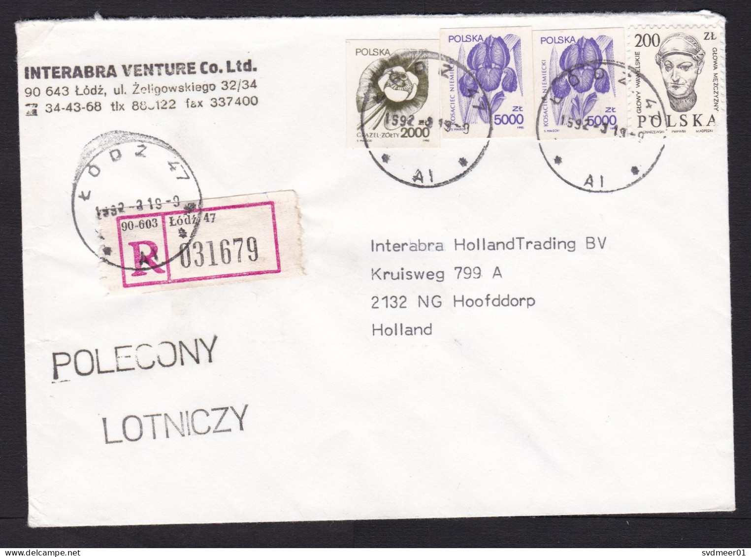 Poland: Registered Cover To Netherlands, 1992, 4 Stamps, Flower, Inflation: 12200 ZL, R-label (right Stamp Damaged) - Covers & Documents