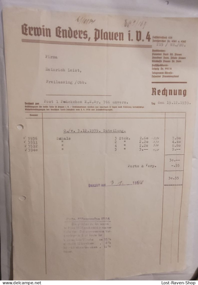 Rechnung - Erwin Enders - Plauen - 1939 - 1900 – 1949