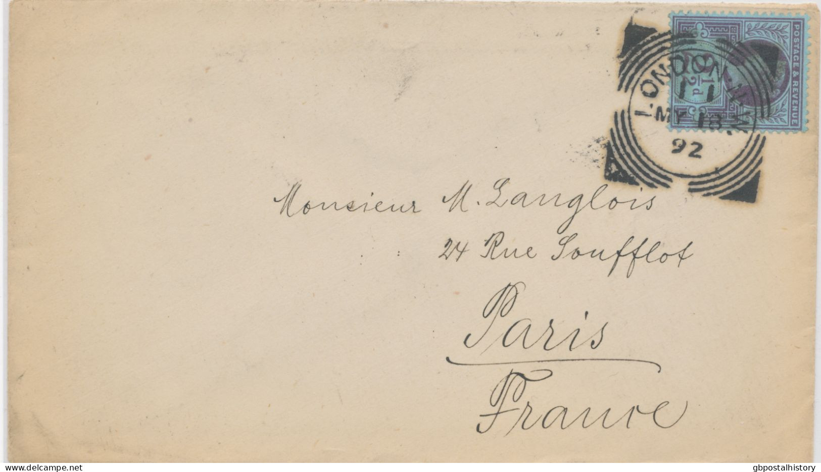 GB „LONDON-N-W.“ Superb Squared Circle Postmark Type I A-1 SC On Very Fine Cover With 2 ½d Jubilee To PARIS. 18.5.1892. - Storia Postale