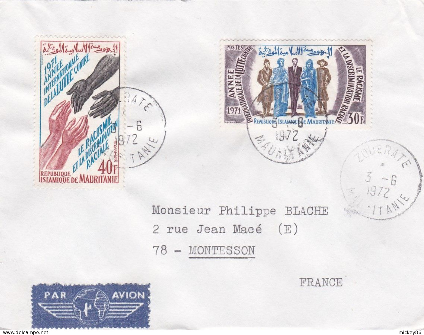 MAURITANIE -1972- Lettre ZOUERATE à MONTESSON -78 (France)...timbres "Lutte Contre Le Racisme"    ...cachet - Mauritanie (1960-...)