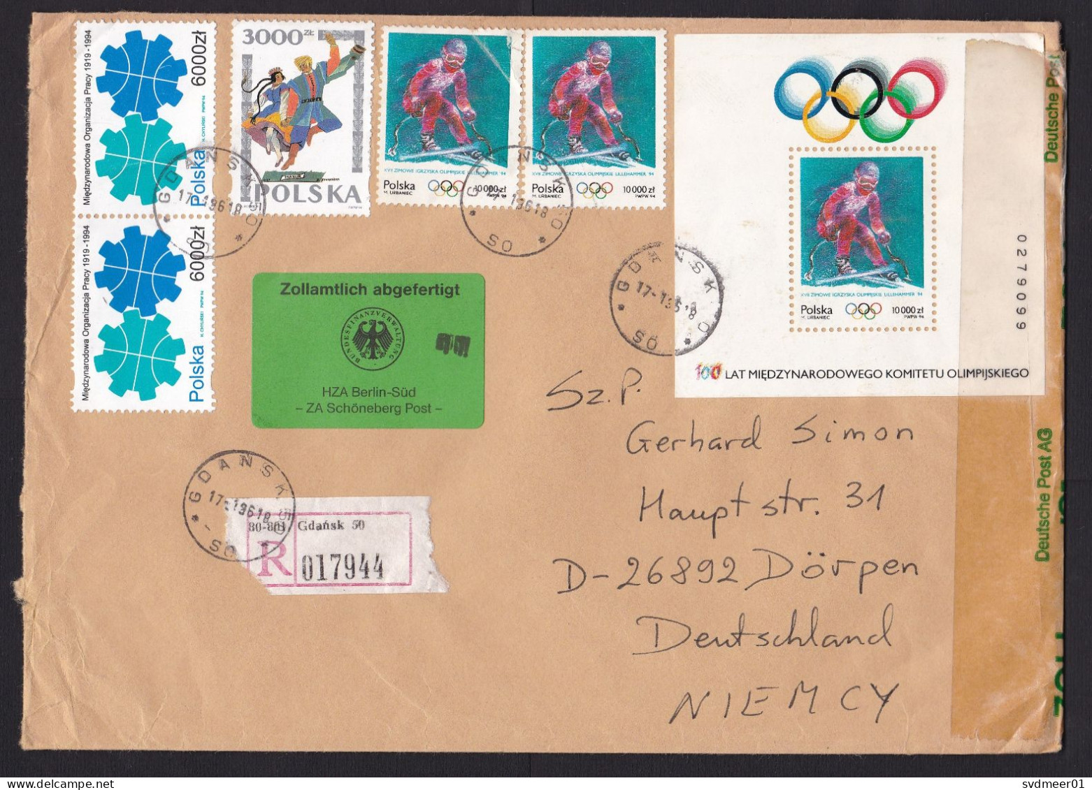 Poland: Registered Cover To Germany, 1996, 6 Stamps, Inflation: 45000 ZL, Olympics, Label Customs Control (minor Damage) - Lettres & Documents