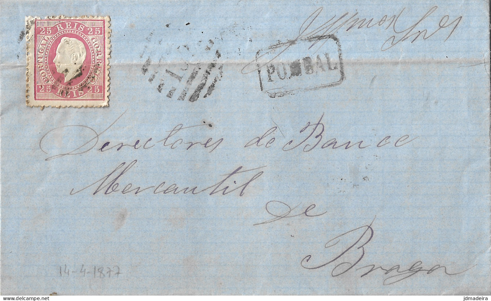 Portugal Cover From Pombal To Braga With King Luiz 25 Réis Stamp - Lettres & Documents