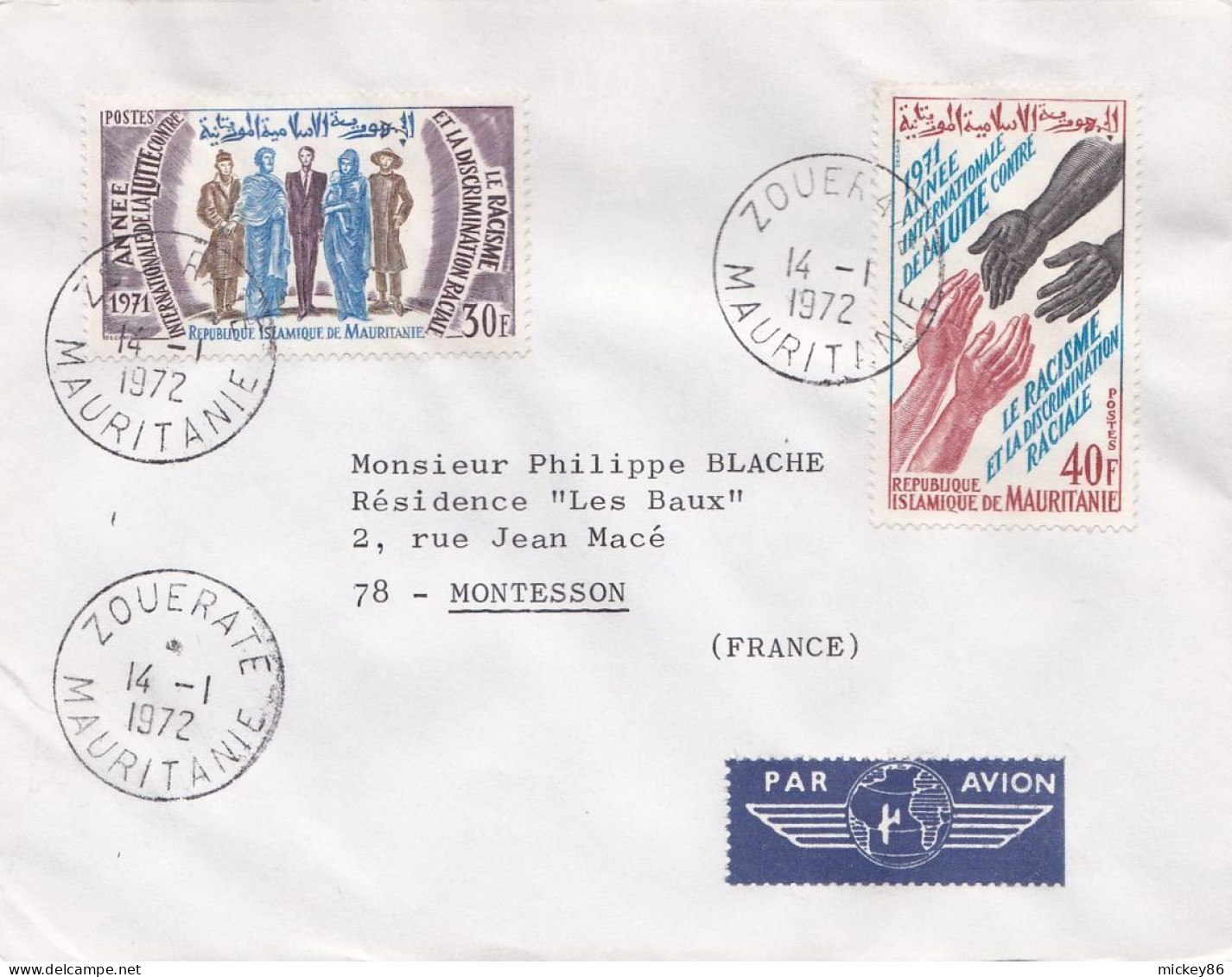 MAURITANIE -1972- Lettre ZOUERATE à MONTESSON -78 (France)...timbres "Lutte Contre Le Racisme"    ...cachet - Mauritania (1960-...)