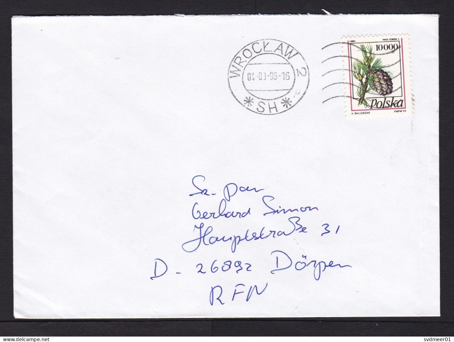 Poland: Cover To Germany, 1996, 1 Stamp, Pinecone, Pine Tree Seed Cone, Inflation: 10000 ZL (minor Crease) - Brieven En Documenten