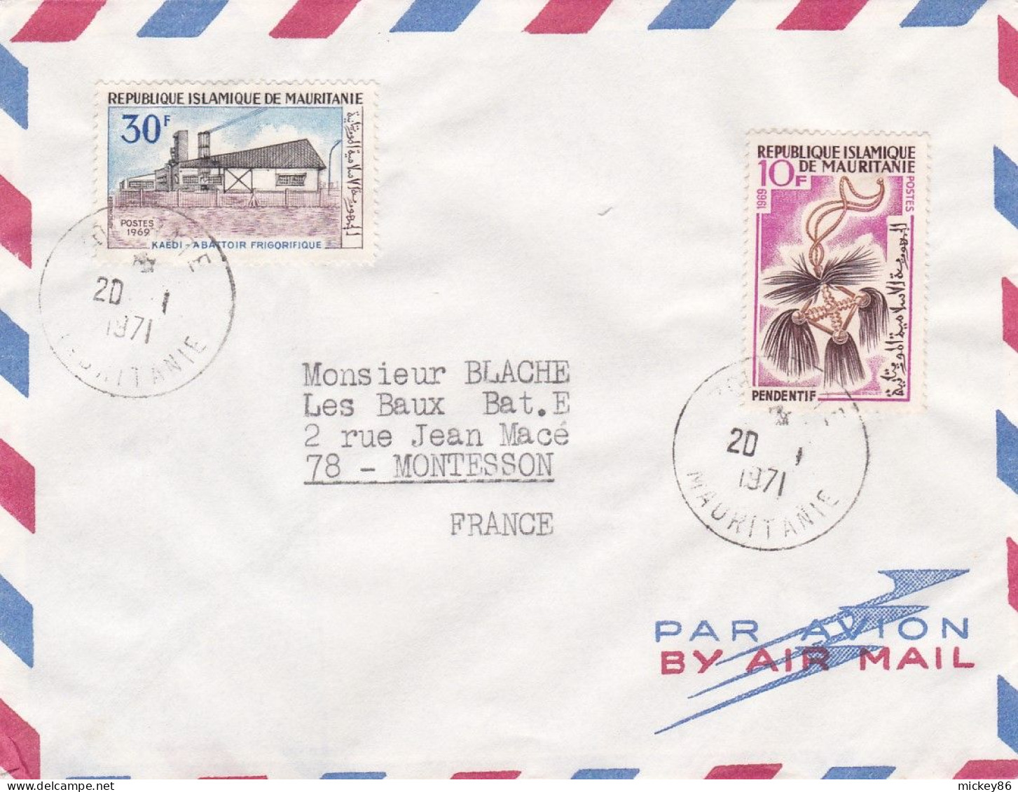 MAURITANIE -1971- Lettre ZOUERATE à MONTESSON -78 (France)...timbres , Abattoir , Pendentif    ...cachet - Mauritanie (1960-...)