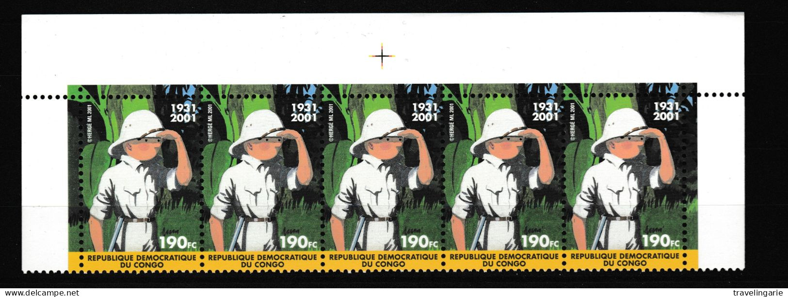 Democratic Republic Of Congo 2001 Tintin In Congo Top Strip MNH ** - Nuovi