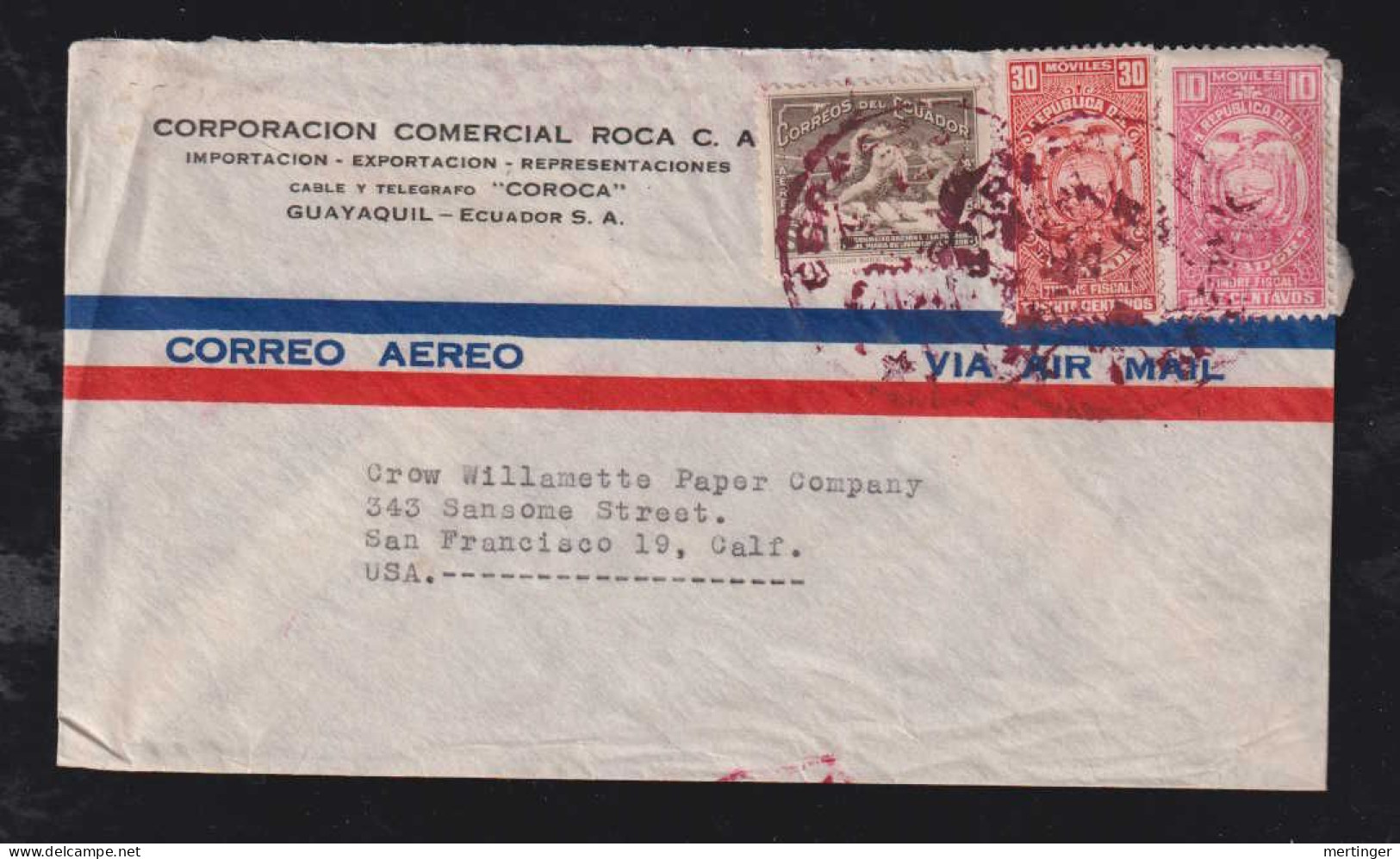 Ecuador 1939 AIRMAIL Cover GUAYAQUIL X SAN FRANCISCO USA Uprtated With Revenue Stamps - Equateur