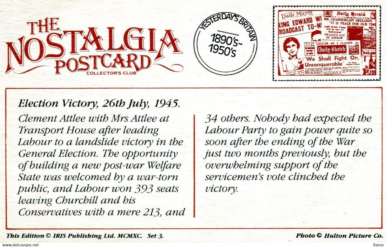 "Election Victory, 26th July, 1945" Clement Attlee, Transport House, Labour Party [CPM Nostalgia Postcard Reproduction] - Partis Politiques & élections