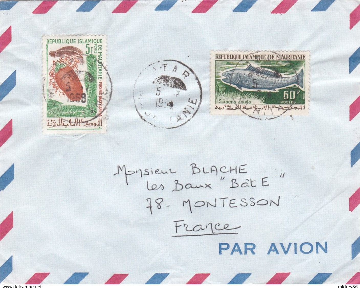 MAURITANIE -1968- Lettre ATAR  à  MONTESSON -78 (France)...timbres Divers Dont Poisson     ...cachet - Mauritanië (1960-...)