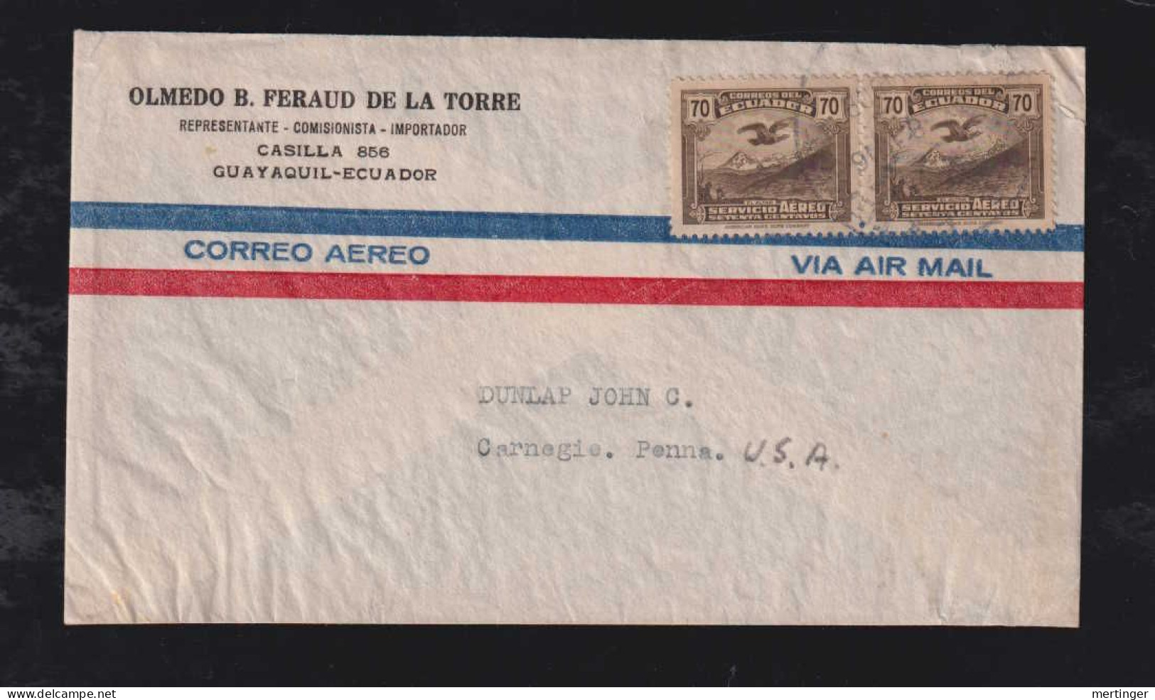 Ecuador 1946 Airmail Cover 2x 70c GUAYAQUIL X CARNEGIE USA - Equateur