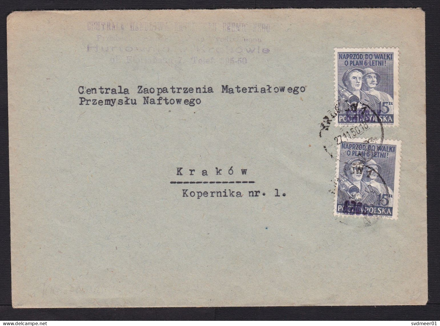 Poland: Cover, 1950, 2 Stamps, Labour, Communist Slogan, Provisory Purple Overprint (traces Of Use) - Briefe U. Dokumente