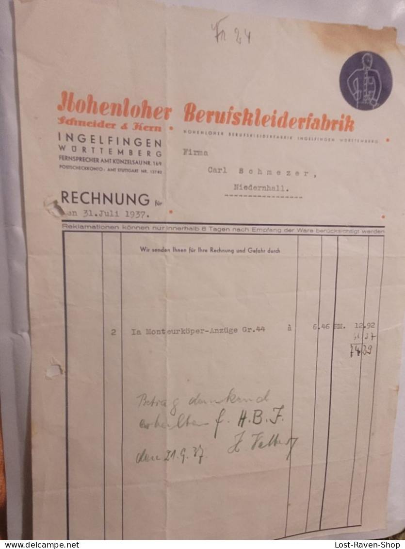 Rechnung - Hohenloher Berufskleiderfabrik - 1937 - 1900 – 1949