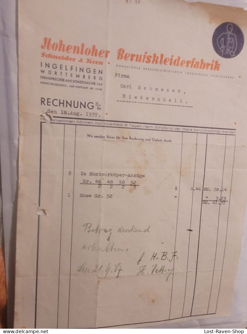 Rechnung - Hohenloher Berufskleiderfabrik - 1937 (3) - 1900 – 1949