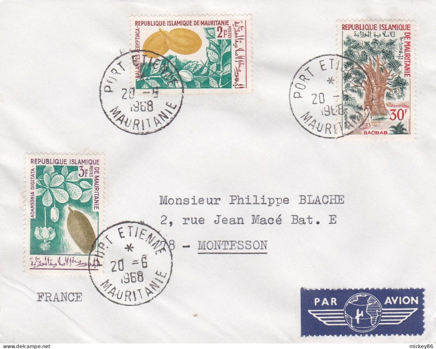 MAURITANIE -1968- Lettre PORT-ETIENNE à  MONTESSON -78 (France)...timbres Divers Végétaux      ...cachet - Mauritanie (1960-...)