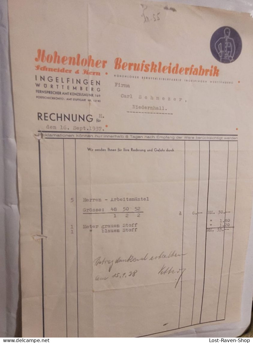 Rechnung - Hohenloher Berufskleiderfabrik - 1937 (4) - 1900 – 1949