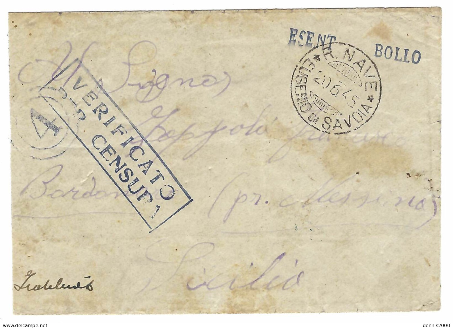 1945 - Cover From R NAVE / EUGENIO Di SAVOIA To Sicilia - VERIFICATO PER CENSURA - Marcophilie