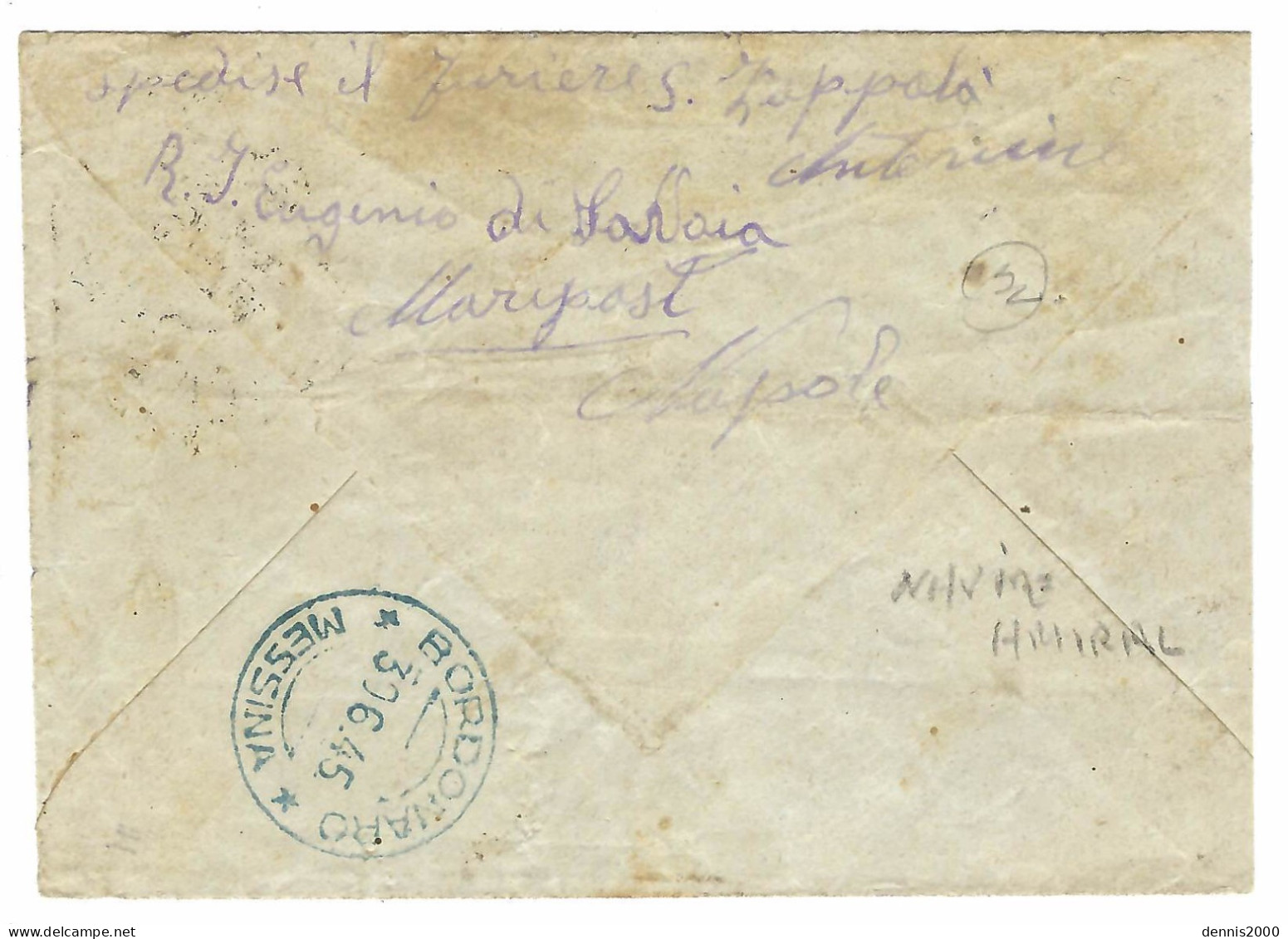 1945 - Cover From R NAVE / EUGENIO Di SAVOIA To Sicilia - VERIFICATO PER CENSURA - Marcophilie