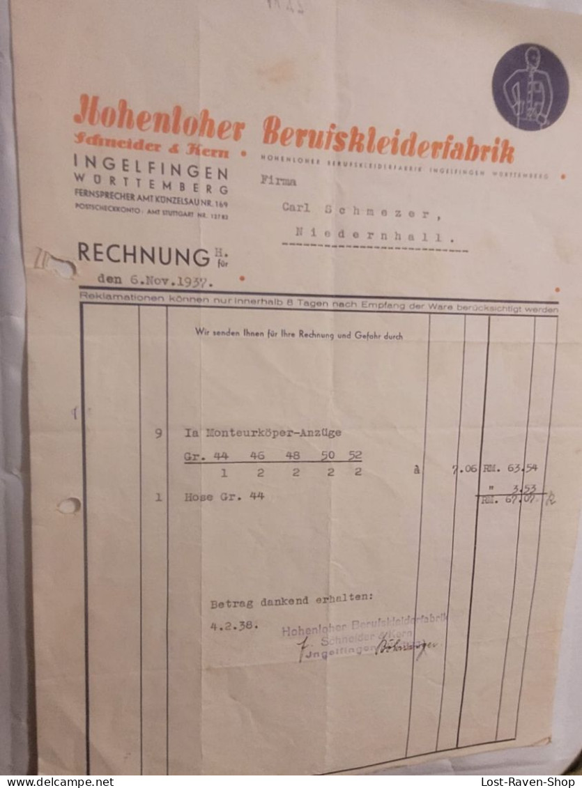 Rechnung - Hohenloher Berufskleiderfabrik - 1937 (5) - 1900 – 1949