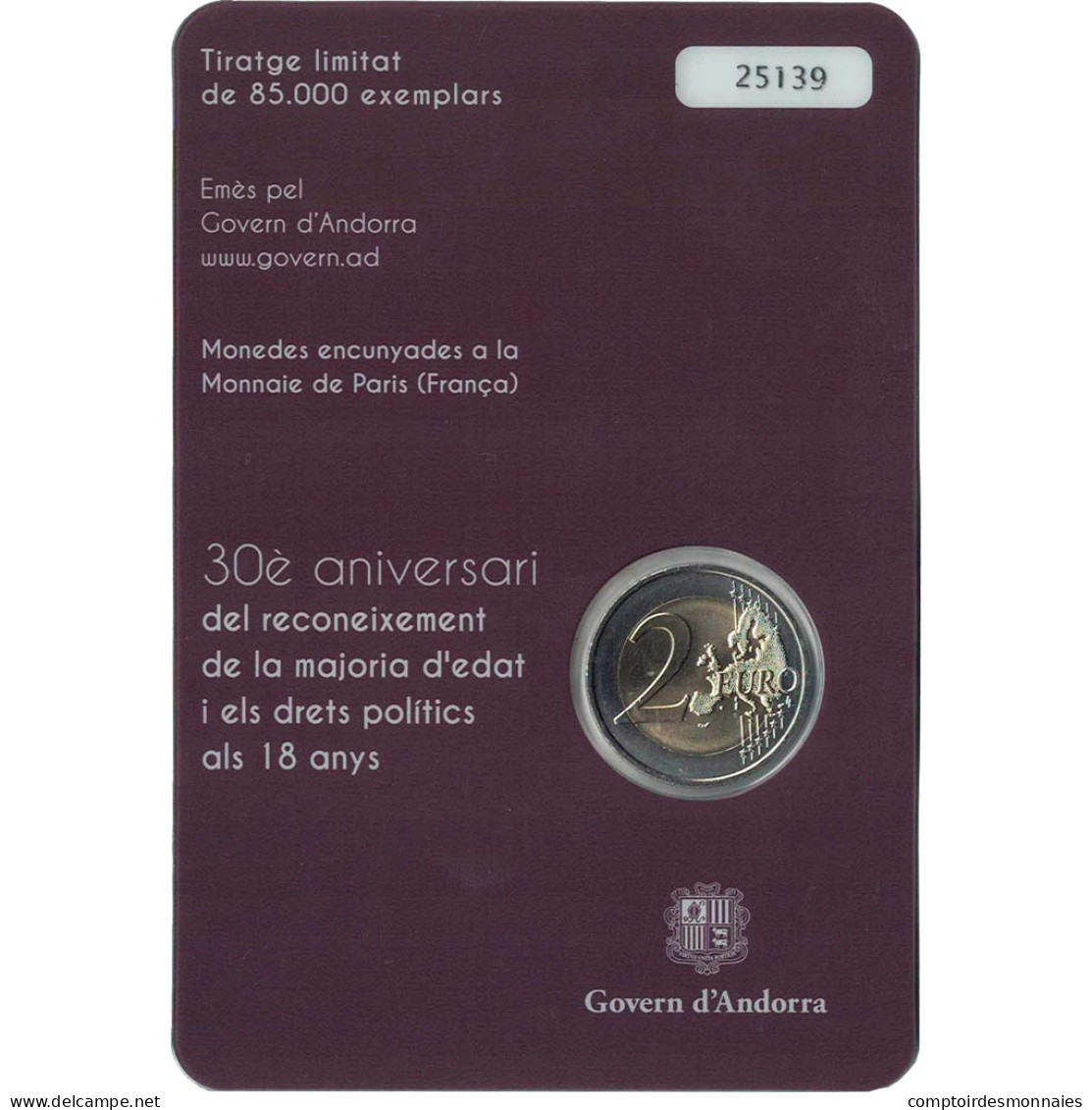 Andorra, 2 Euro, Majorité à 18 Ans, 2015, FDC, Bi-Metallic - Andorre