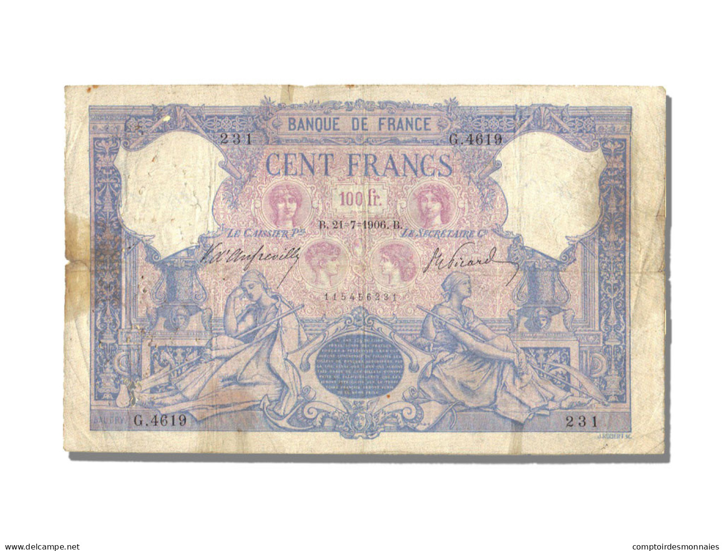 Billet, France, 100 Francs, 100 F 1888-1909 ''Bleu Et Rose'', 1906, 1906-07-21 - 100 F 1888-1909 ''Bleu Et Rose''