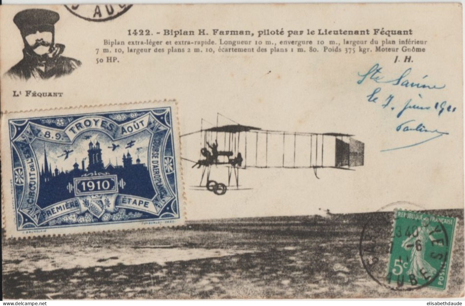 AVIATION - VIGNETTE CIRCUIT De L'EST De 1910 Sur CARTE FARMAN De TROYES (STE SAVINE) De 1911 => FUMEL - Aviación