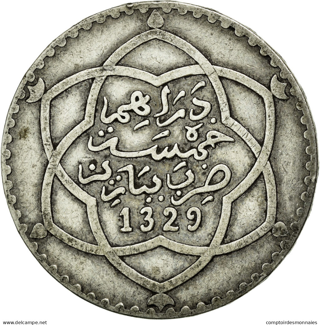 Monnaie, Maroc, 'Abd Al-Hafiz, 1/2 Rial, 5 Dirhams, 1911, Bi-Bariz, Paris, TTB - Maroc