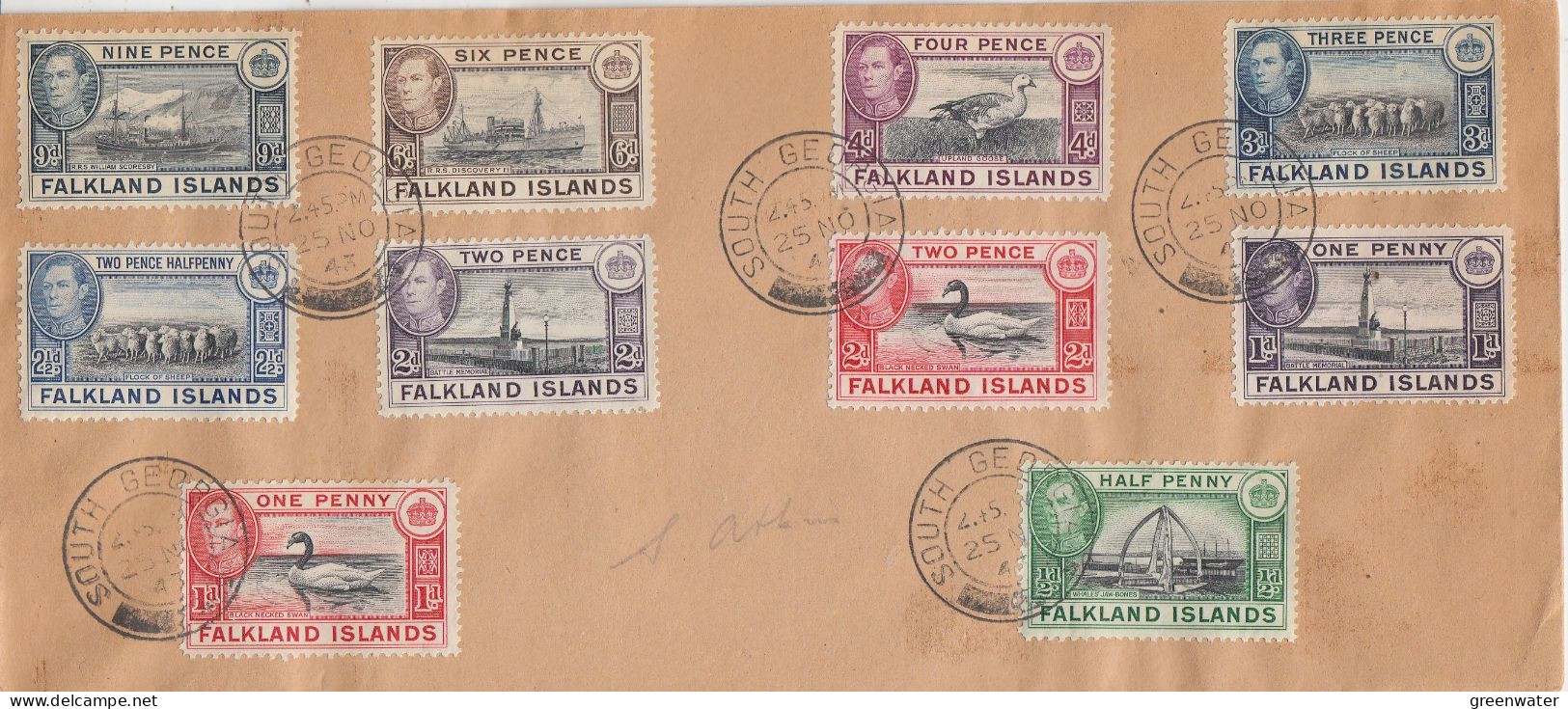 Falkland Islands Cover  With 10v Pictorials Ca South Georgia 25 NOV 1943 (FG151) - Géorgie Du Sud