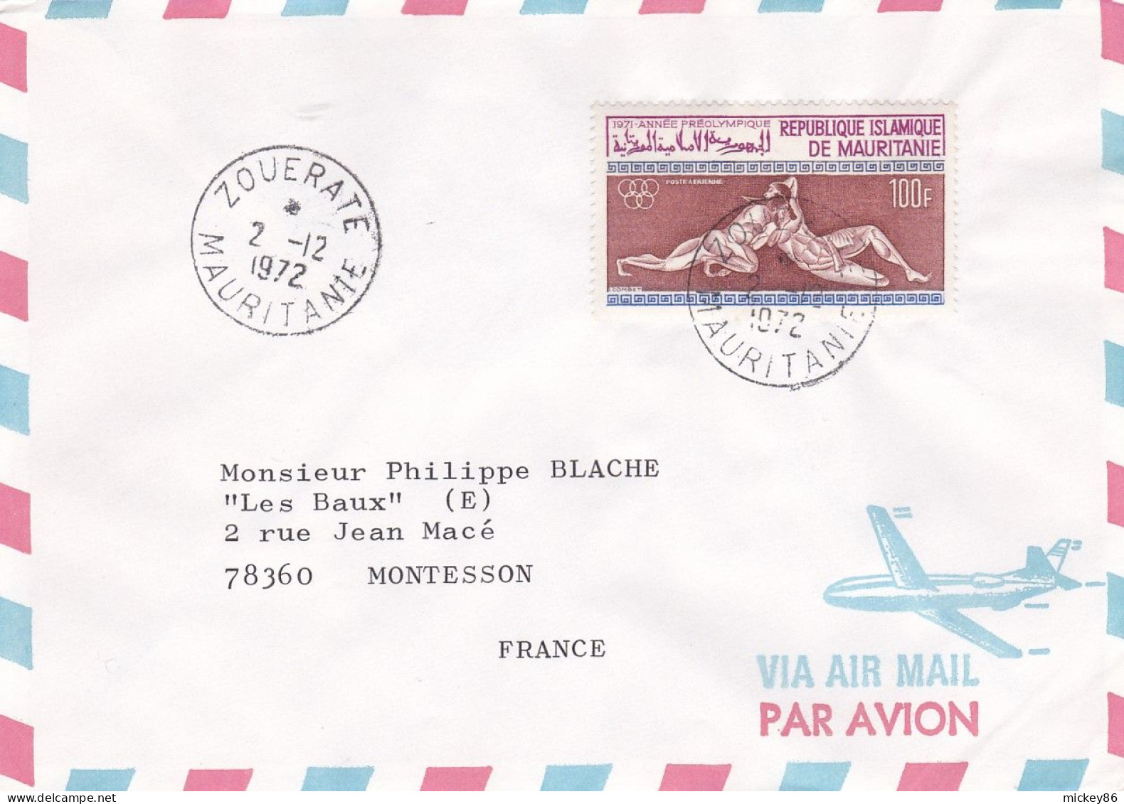 MAURITANIE -1972 - Lettre ZOUERATE à  MONTESSON -78 (France)...timbre 1971 Année Préolympique Seul Sur Lettre  ...cachet - Mauretanien (1960-...)