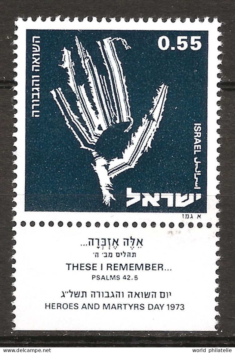 Israël Israel 1973 N° 519 ** Holocauste, Main, Squelette, Nazis, Camps D'Extermination, Shoah, WW2, Chambre à Gaz Hitler - Neufs (avec Tabs)