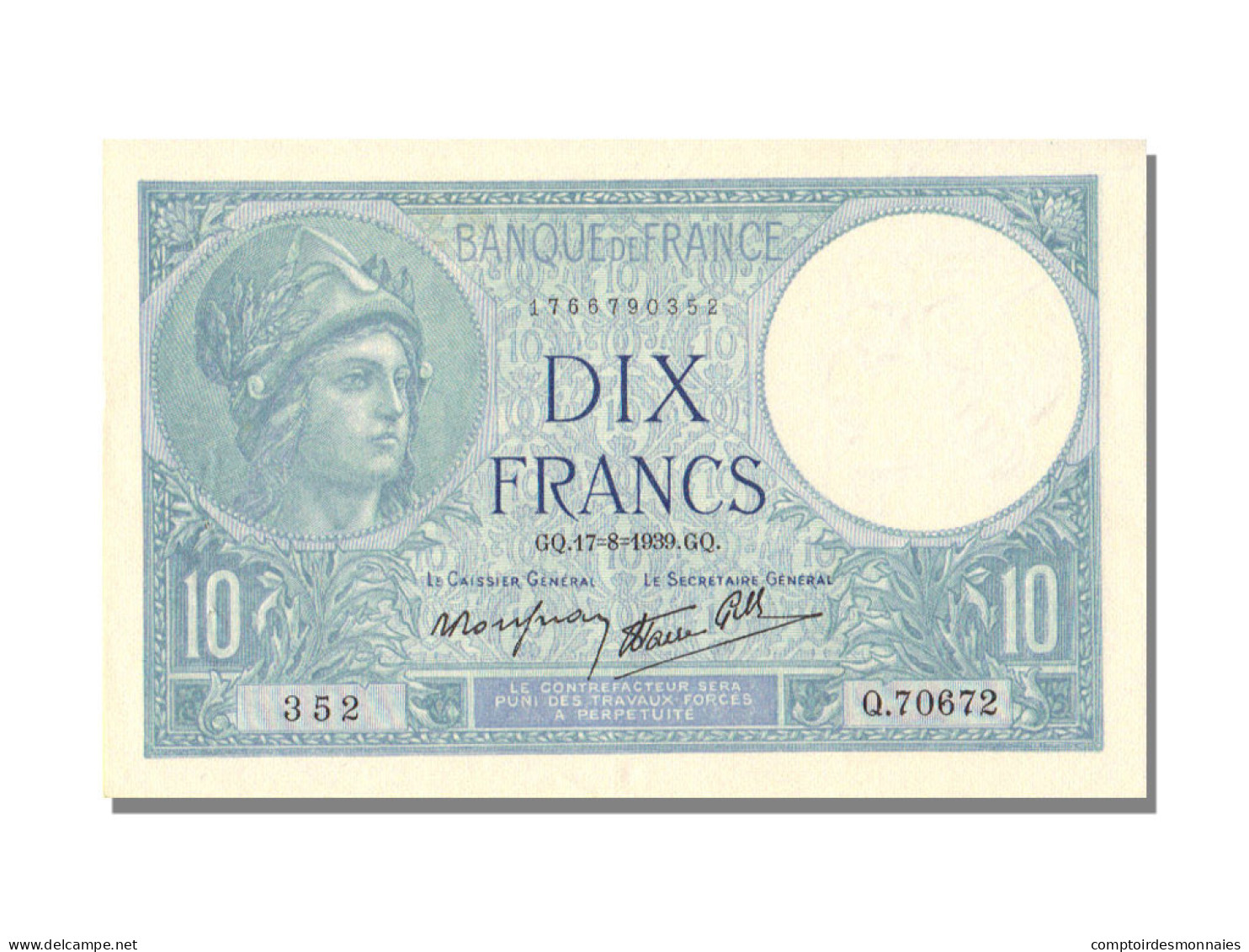 Billet, France, 10 Francs, 10 F 1916-1942 ''Minerve'', 1939, 1939-08-17, SPL+ - 10 F 1916-1942 ''Minerve''