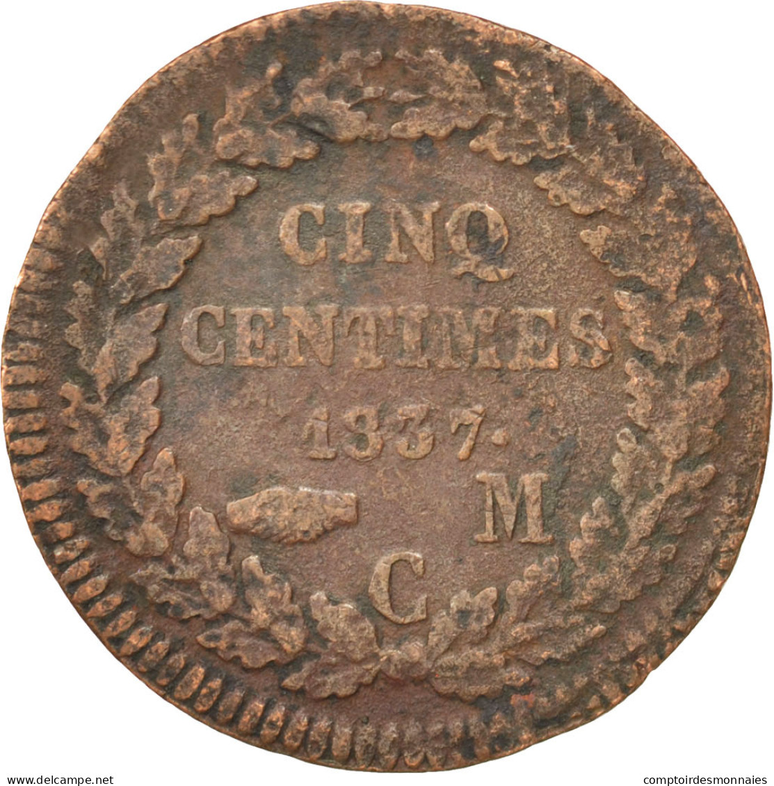 Monnaie, Monaco, Honore V, 5 Centimes, Cinq, 1837, Monaco, TB, Cuivre, KM:95.2a - 1819-1922 Onorato V, Carlo III, Alberto I