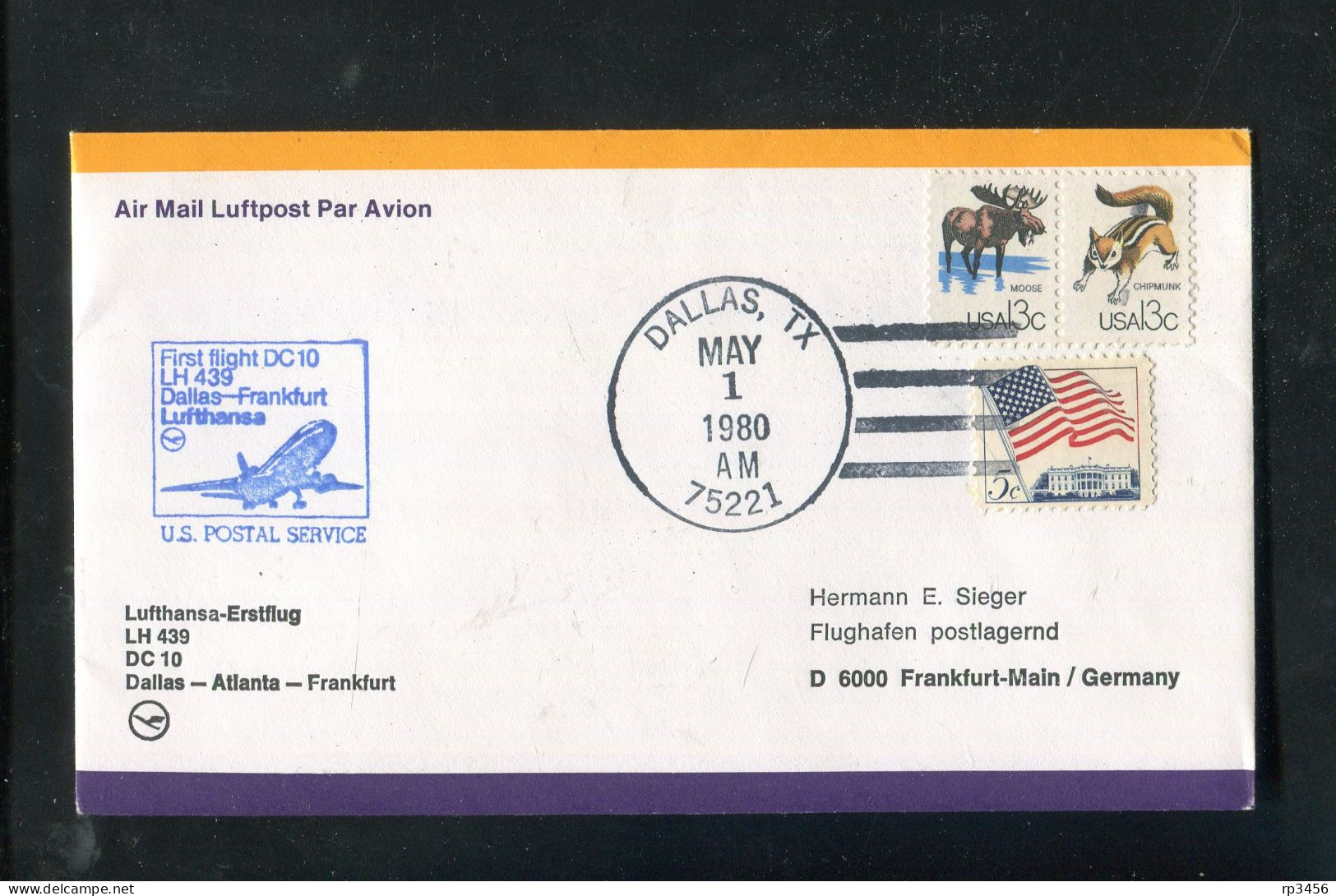 "USA" 1980, Erstflugbrief LH 439 Mit DC 10 "Dallas-Frankfurt" (R0033) - 3c. 1961-... Brieven