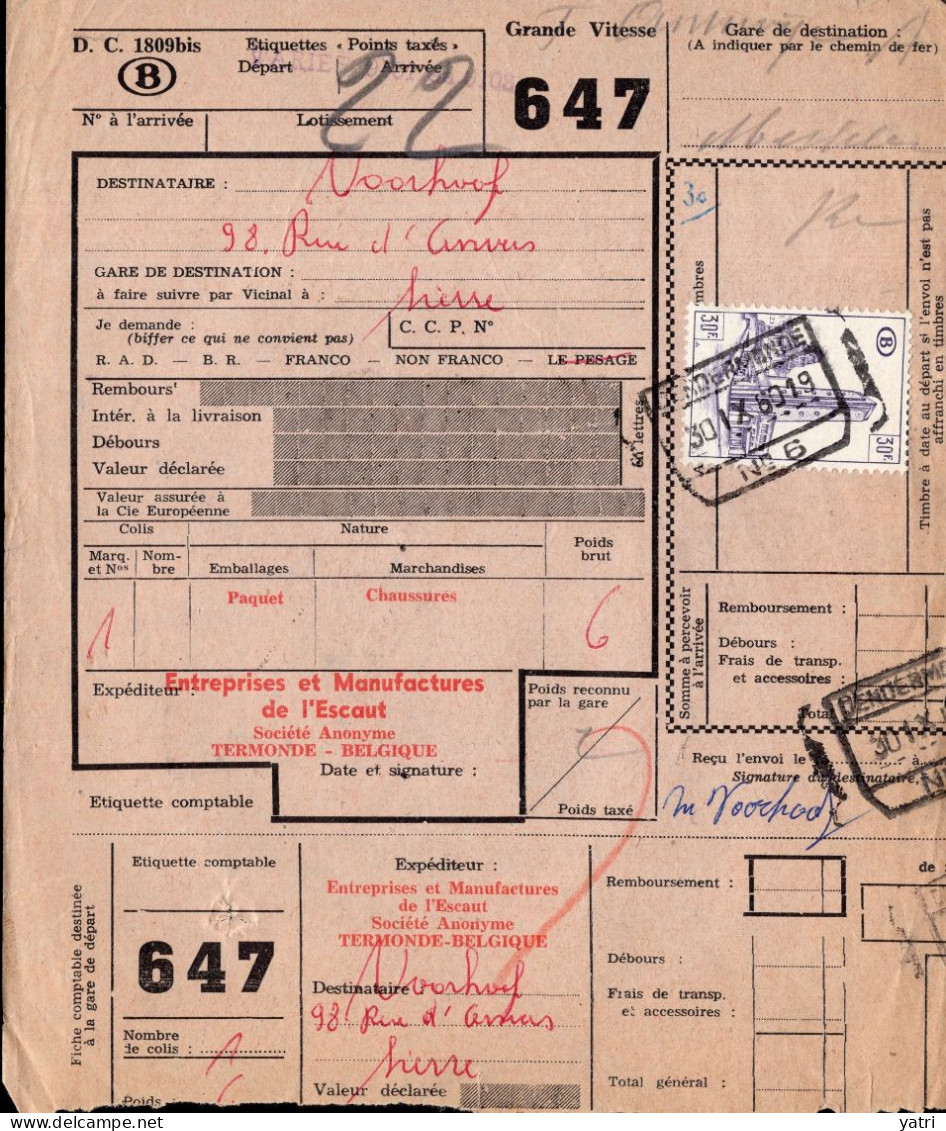 Belgio (1960) - Bollettino Pacchi Per L'interno, Via Ferrovia A Grande Velocità (urgente) - Documents & Fragments
