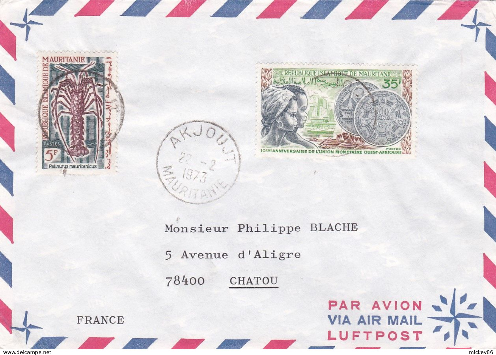 MAURITANIE -1973 - Lettre  AKJOUJT à  CHATOU -78 (France)...timbre Divers   ...cachet - Mauritanie (1960-...)
