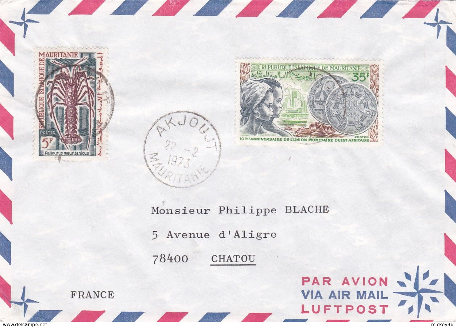 MAURITANIE -1973 - Lettre  AKJOUJT à  CHATOU -78 (France)...timbre Divers   ...cachet - Mauritanië (1960-...)