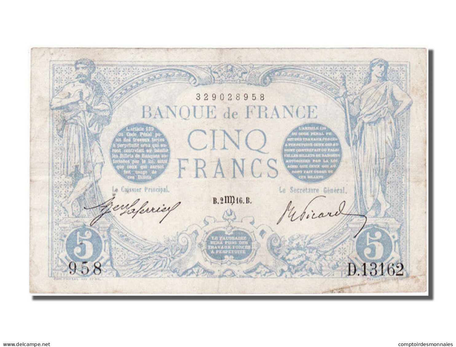 Billet, France, 5 Francs, 5 F 1912-1917 ''Bleu'', 1916, 1916-08-02, TTB - 5 F 1912-1917 ''Bleu''