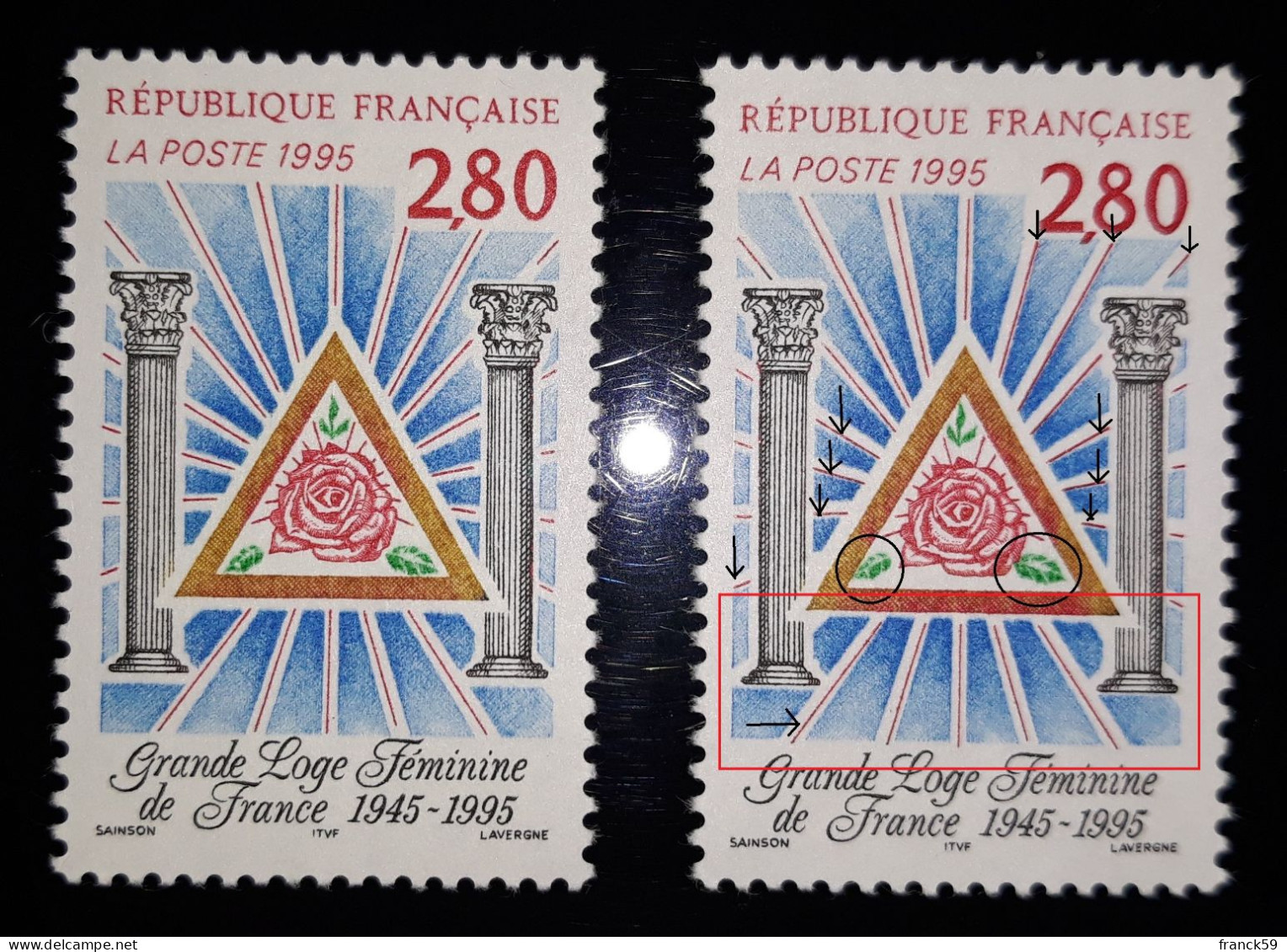 GRANDE LOGE FEMININE 1995 - Y&T N° 2967 ** MNH  (Liserés Rouge, Bandes Bleu, Feuilles Vertes Décalés - Voir Description) - Unused Stamps