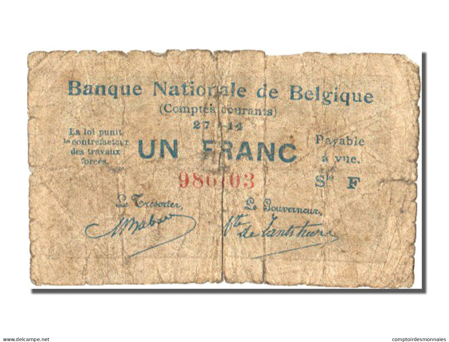 Billet, Belgique, 1 Franc, 1914, 1914-08-27, B+ - Sonstige & Ohne Zuordnung