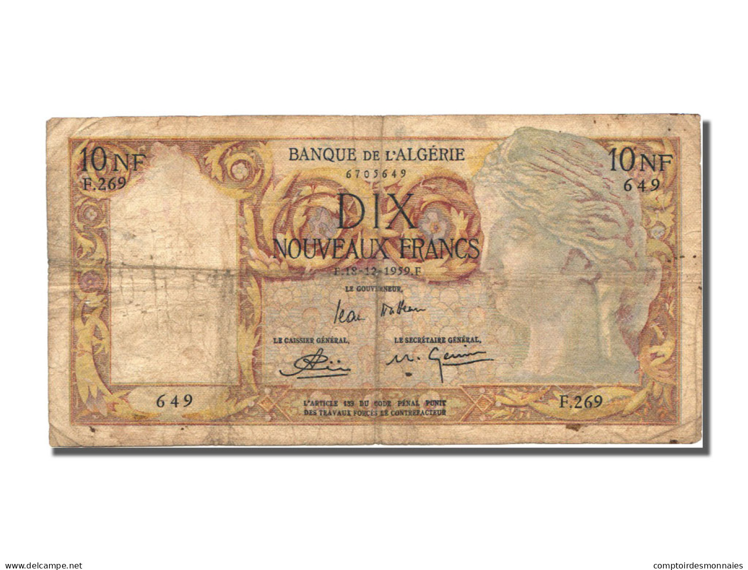 Billet, Algeria, 10 Nouveaux Francs, 1959, 1959-12-18, TB - Argelia