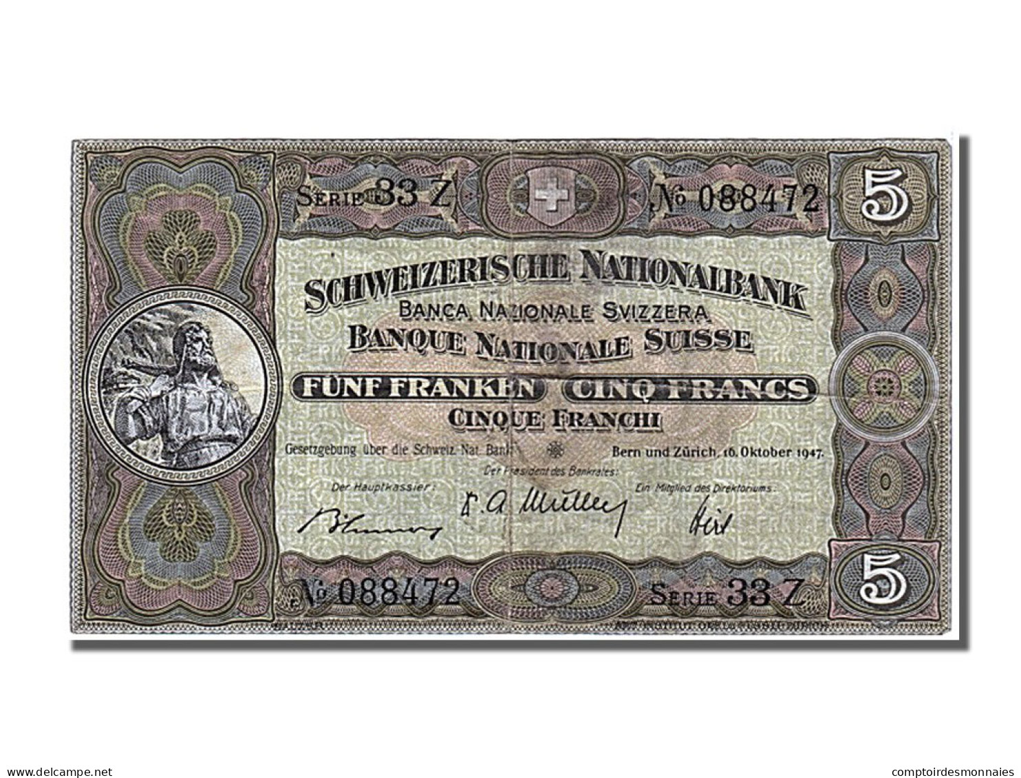 Billet, Suisse, 5 Franken, 1947, 1947-10-16, TTB - Switzerland