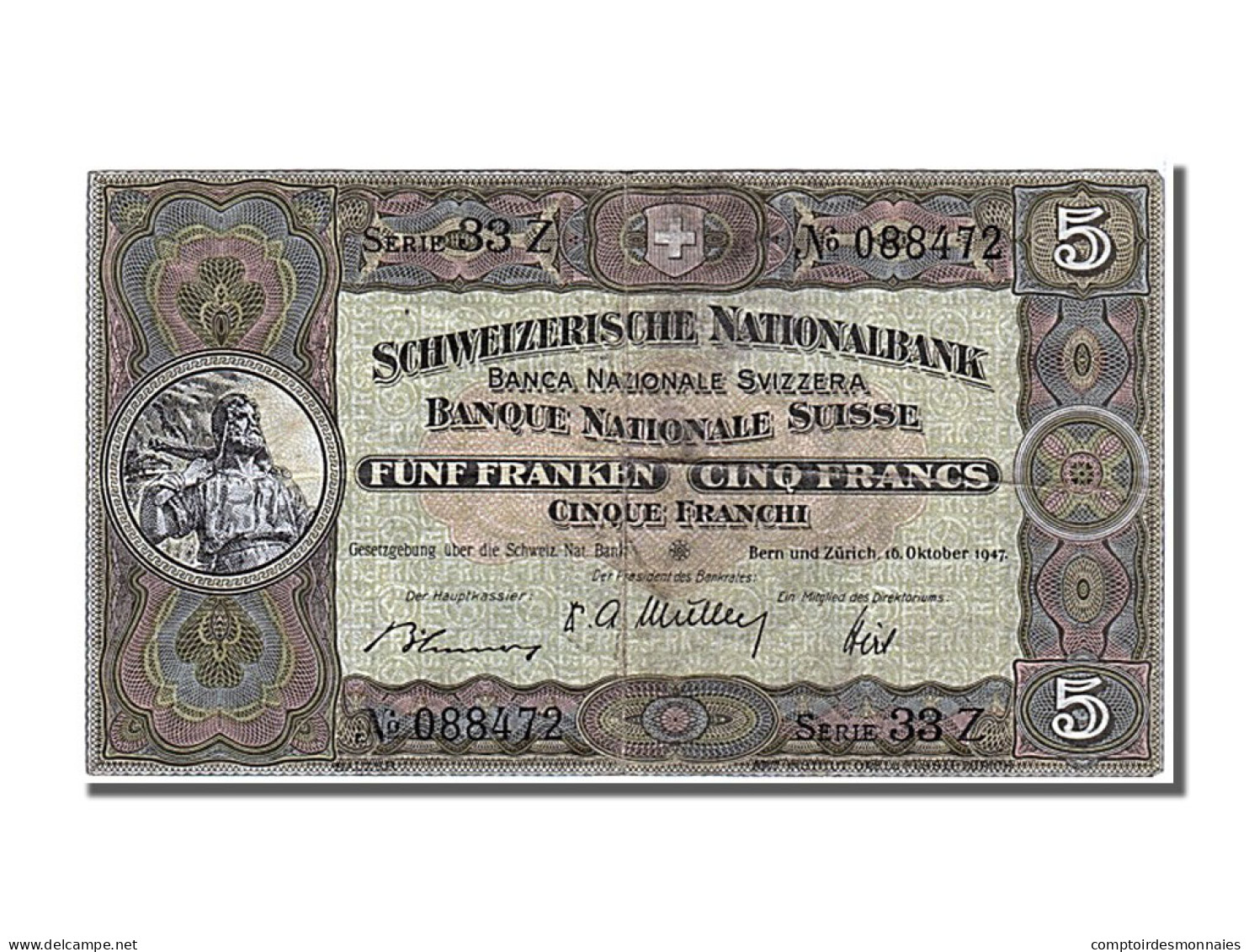 Billet, Suisse, 5 Franken, 1947, 1947-10-16, TTB - Suiza