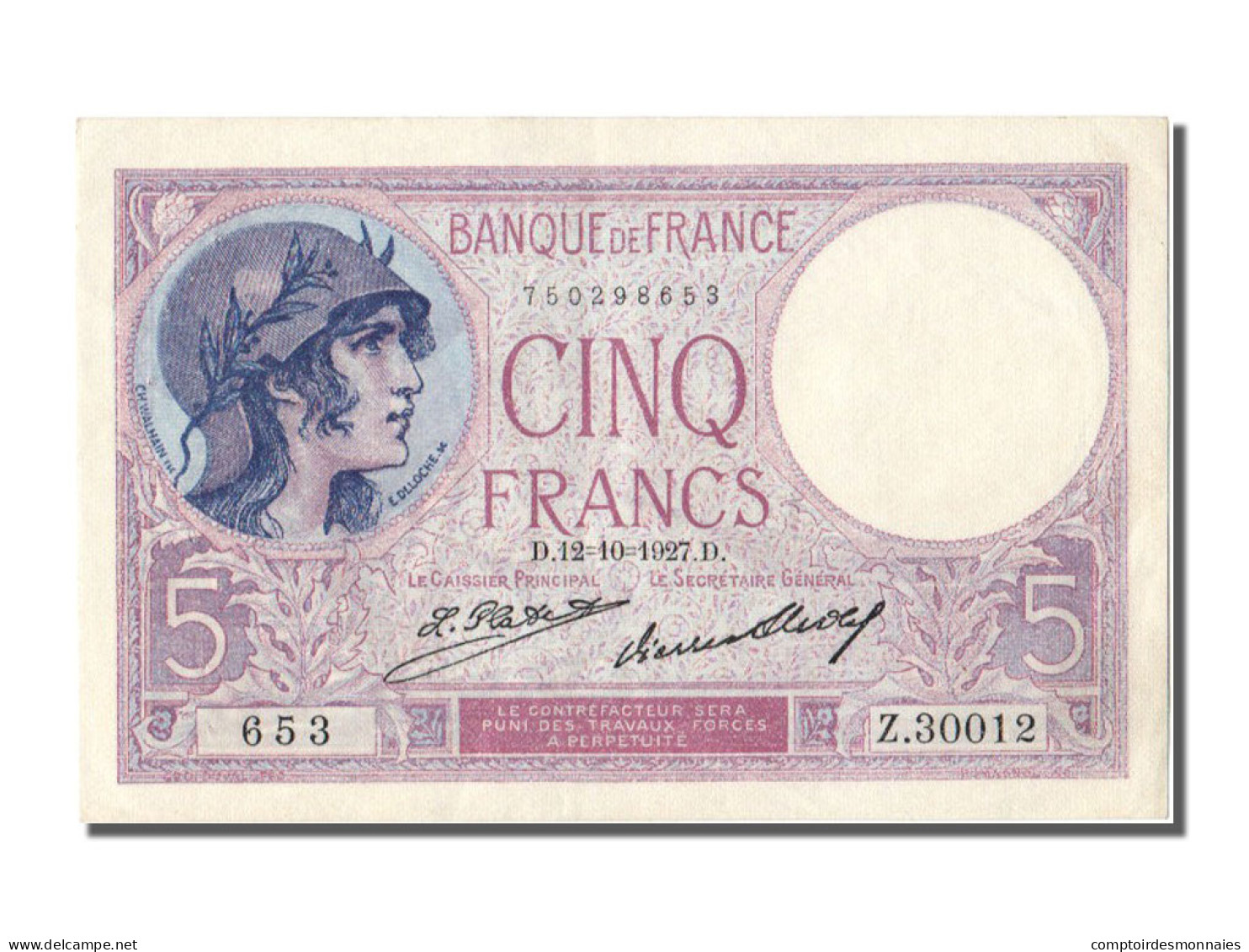 Billet, France, 5 Francs, 5 F 1917-1940 ''Violet'', 1927, 1927-10-12, SUP - 5 F 1917-1940 ''Violet''